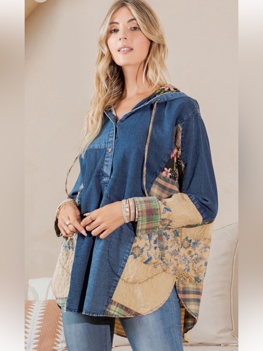 Women's Blue Patchwork Hooded Denim Jacket